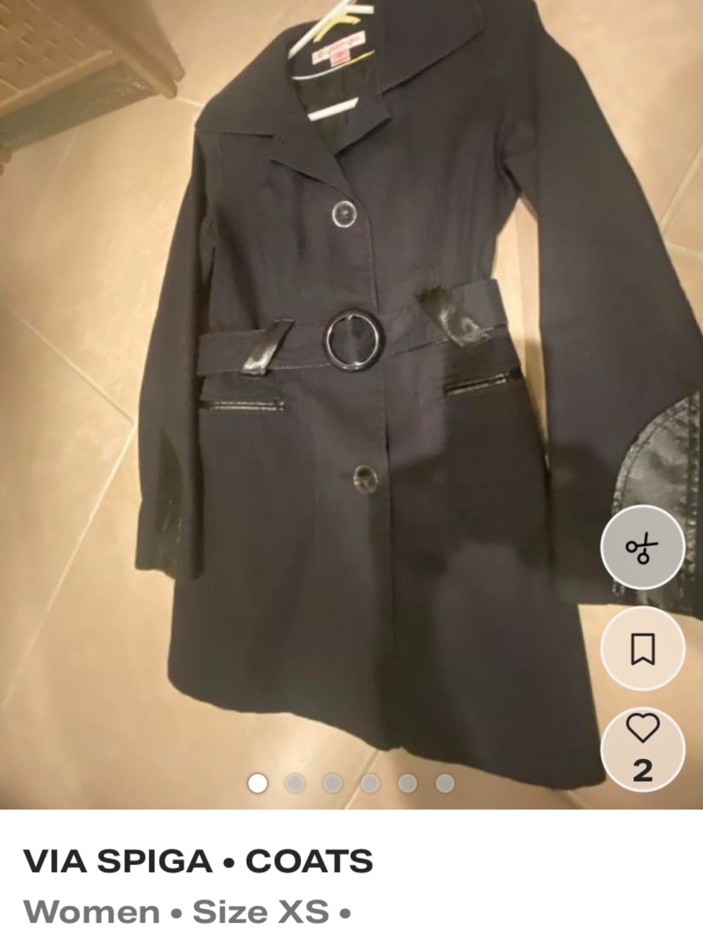 Via Spiga Black Belted Trench Coat with Patent Trim